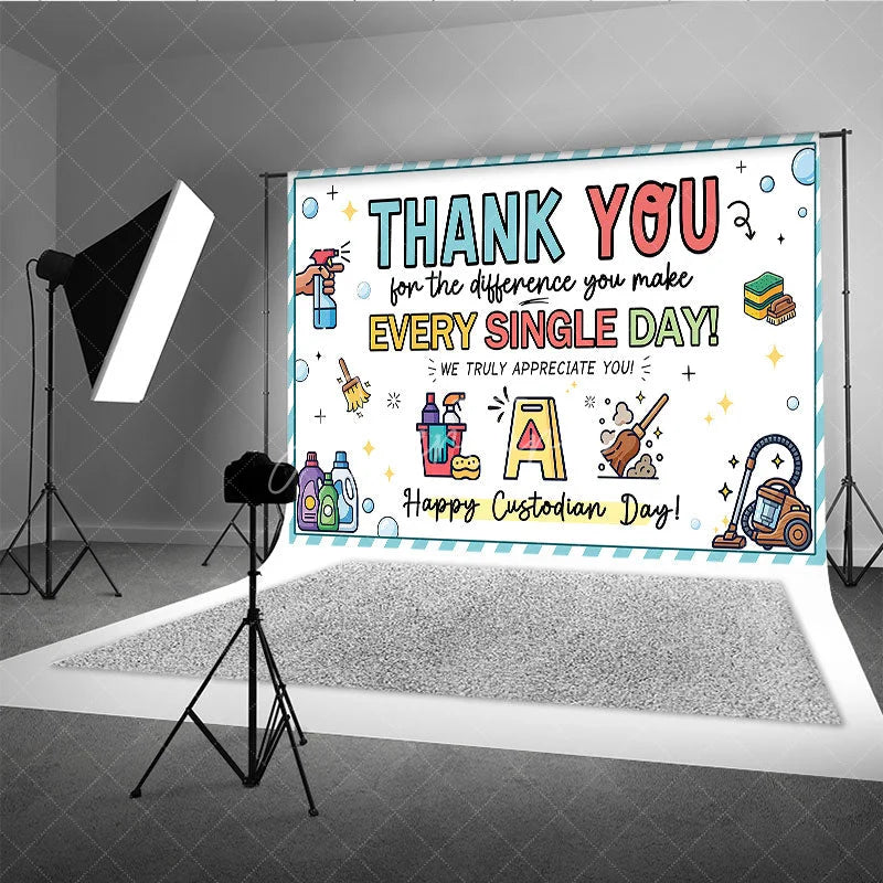 Aperturee - Aperturee Cheerful Thank You Custodian Day Holiday Backdrop Staff Appreciation with Cleaning Tools and Bubbles