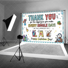 Aperturee - Aperturee Cheerful Thank You Custodian Day Holiday Backdrop Staff Appreciation with Cleaning Tools and Bubbles