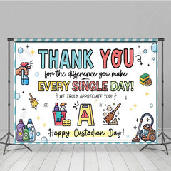 Aperturee - Aperturee Cheerful Thank You Custodian Day Holiday Backdrop Staff Appreciation with Cleaning Tools and Bubbles