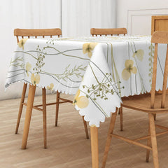 Aperturee - Aperturee Cheerful Yellow Floral Tablecloth with Green Leaves on White for Spring and Summer Kitchen Dining