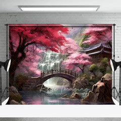 Aperturee - Aperturee Cherry Blossom Garden Backdrop Wooden Bridge and Waterfall Photography Background for Spring Asian Architecture