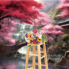 Aperturee - Aperturee Cherry Blossom Garden Backdrop Wooden Bridge and Waterfall Photography Background for Spring Asian Architecture