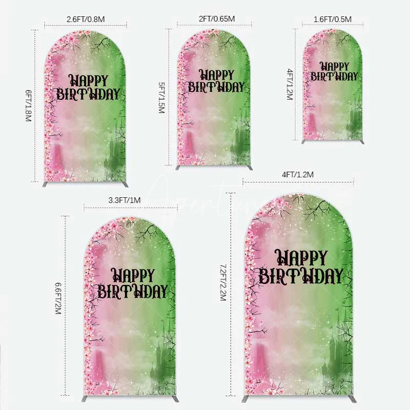 Aperturee - Aperturee Cherry Blossoms and Magic Castle Arch Backdrop Happy Birthday Princess Party Decoration