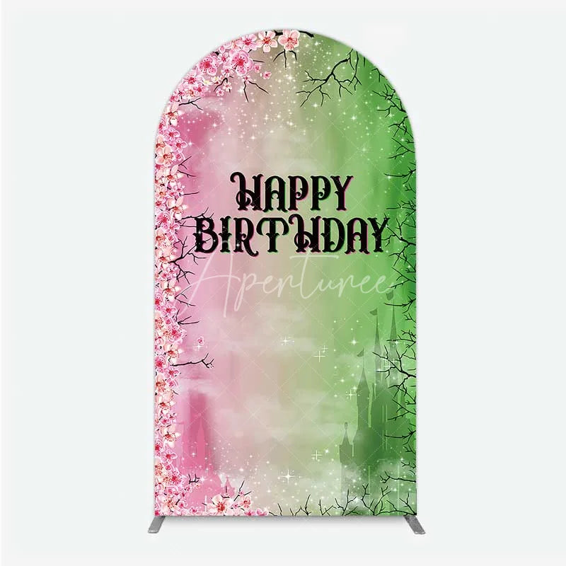 Aperturee - Aperturee Cherry Blossoms and Magic Castle Arch Backdrop Happy Birthday Princess Party Decoration