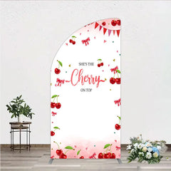 Aperturee - Aperturee Cherry Theme Half Moon Arch Backdrop Pink Watercolor Fruit Red Bows Background She Is The Cherry On Top Baby Shower