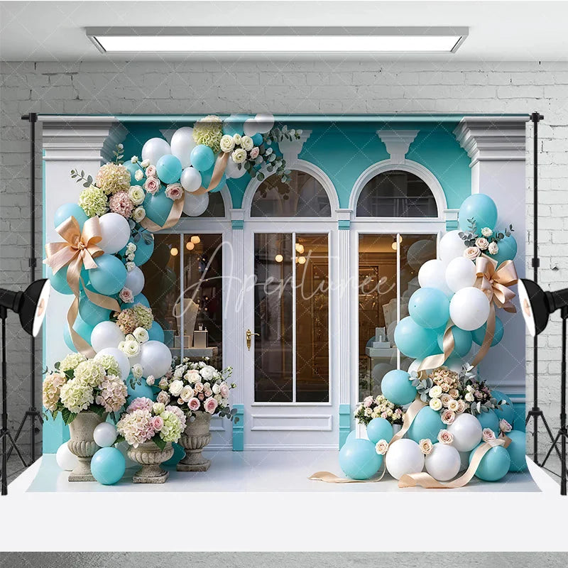 Aperturee - Aperturee Chic Light Blue and White Balloon Garland Storefront Photography Backdrop Elegant Floral Celebration Party Decor