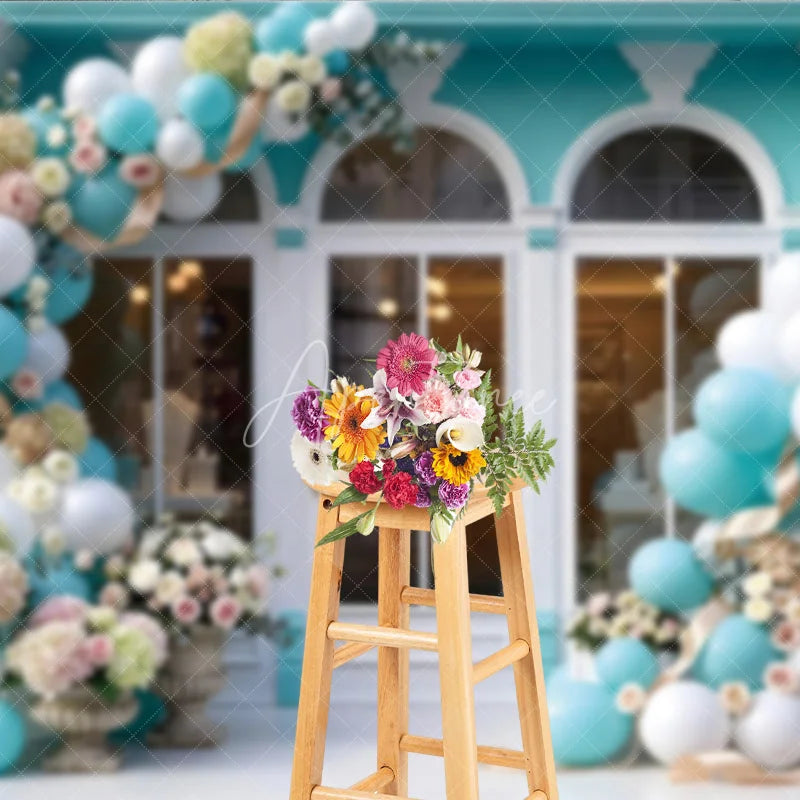 Aperturee - Aperturee Chic Light Blue and White Balloon Garland Storefront Photography Backdrop Elegant Floral Celebration Party Decor