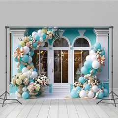 Aperturee - Aperturee Chic Light Blue and White Balloon Garland Storefront Photography Backdrop Elegant Floral Celebration Party Decor