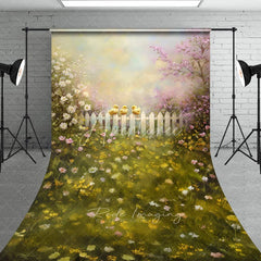 Aperturee - Aperturee Chicks on White Fence Backdrop Artistic Oil Painting Floral Meadow Scene Easter and Spring Photography