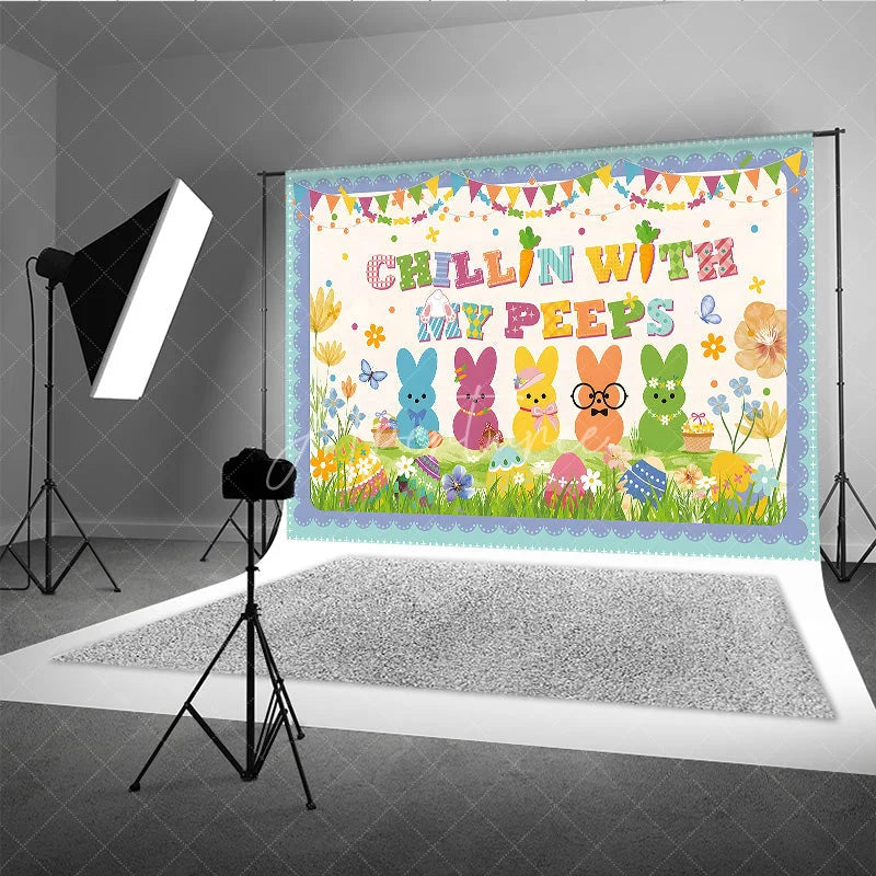 Aperturee - Aperturee Chillin With My Peeps Backdrop Funny Bunnies with Glasses and Hats Background Easter Party Decorations for Kids