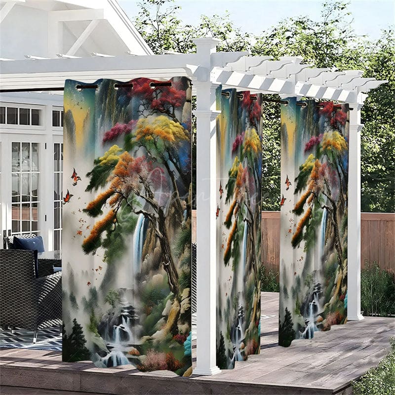 Aperturee - Aperturee Chinese Painting Waterproof Printed Outdoor Curtains