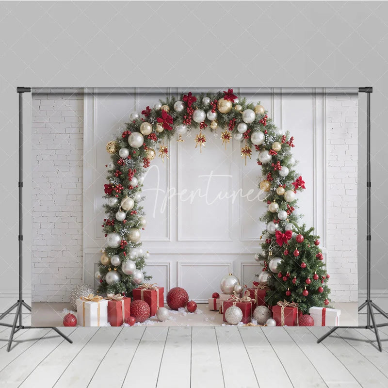 Aperturee - Aperturee Christmas Balloon Arch Backdrop Red Gold Silver Ornaments Decor White Wall Holiday Party Photo Props