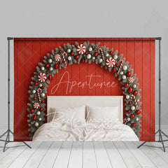 Aperturee - Aperturee Christmas Bedroom Headboard Backdrop Red Wall Candy Cane Fir Arch White Bed Photo Background
