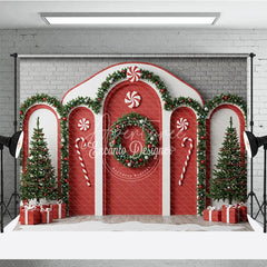 Aperturee - Aperturee Christmas Candy Cane Archway Photography Backdrop Red and White Peppermint Theme Holiday Party Photo Booth Decor