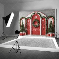 Aperturee - Aperturee Christmas Candy Cane Archway Photography Backdrop Red and White Peppermint Theme Holiday Party Photo Booth Decor