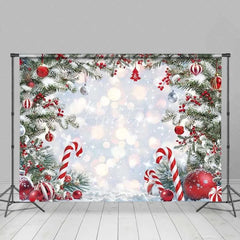 Aperturee - Aperturee Christmas Candy Cane Backdrop Winter Snow Pine Tree Branch Photography Background