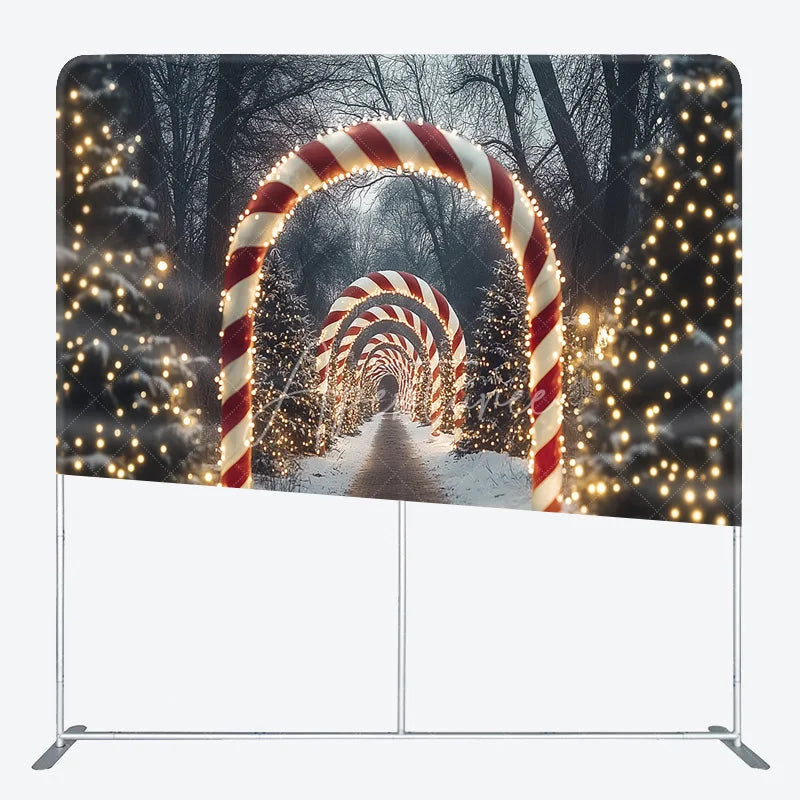 Aperturee - Aperturee Christmas Candy Cane Lane Tension Fabric Backdrop Winter Wonderland Archway Holiday Season Photo Booth Background