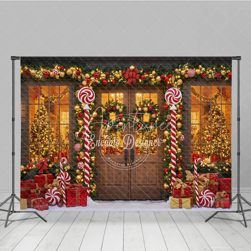 Aperturee - Aperturee Christmas Candy Cane Porch Photography Backdrop Red and Gold Garland Decor Holiday Photo Booth Background