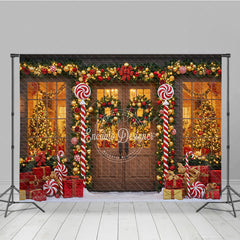 Aperturee - Aperturee Christmas Candy Cane Porch Photography Backdrop Red and Gold Garland Decor Holiday Photo Booth Background