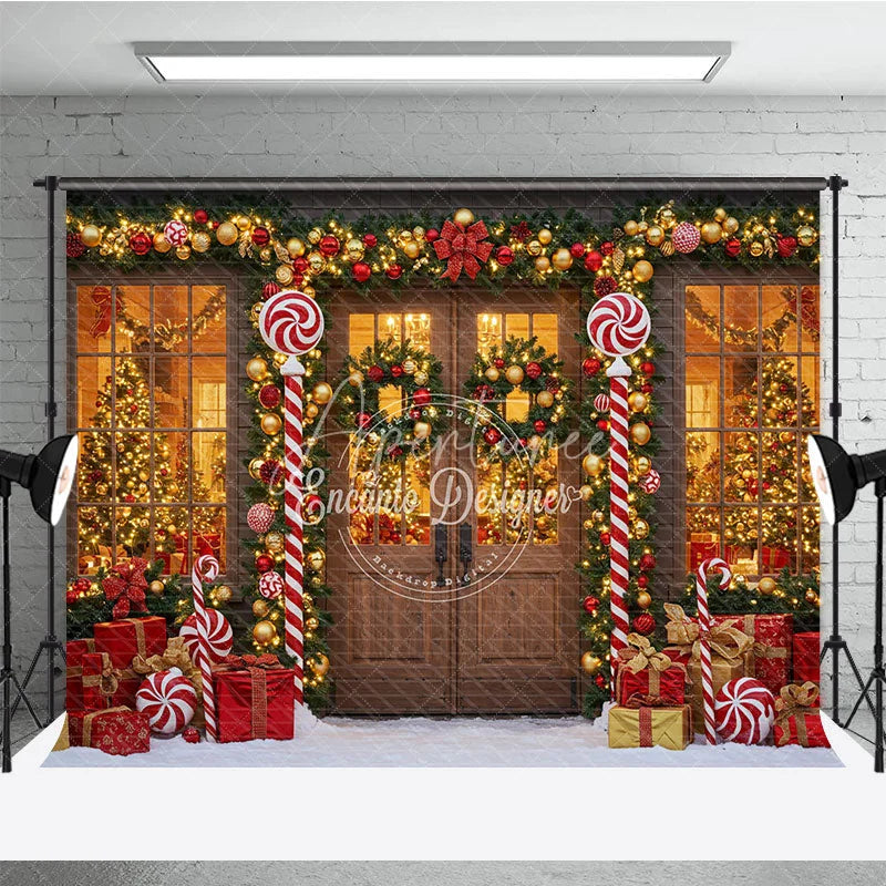 Aperturee - Aperturee Christmas Candy Cane Porch Photography Backdrop Red and Gold Garland Decor Holiday Photo Booth Background