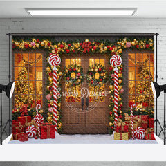 Aperturee - Aperturee Christmas Candy Cane Porch Photography Backdrop Red and Gold Garland Decor Holiday Photo Booth Background