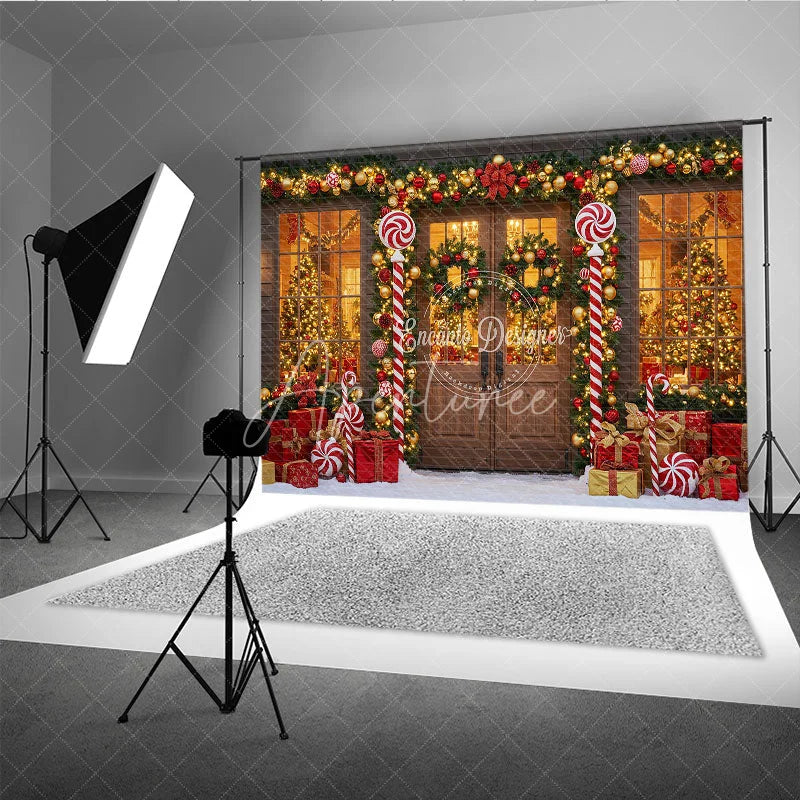 Aperturee - Aperturee Christmas Candy Cane Porch Photography Backdrop Red and Gold Garland Decor Holiday Photo Booth Background