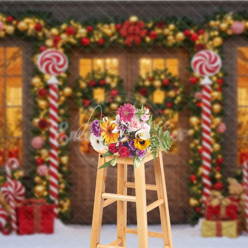 Aperturee - Aperturee Christmas Candy Cane Porch Photography Backdrop Red and Gold Garland Decor Holiday Photo Booth Background
