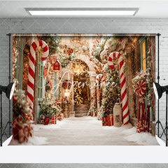 Aperturee - Aperturee Christmas Candy Cane Snow Street Holiday Backdrop Festive Warm Lights and Pine Tree Winter Party Decor