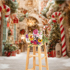 Aperturee - Aperturee Christmas Candy Cane Snow Street Holiday Backdrop Festive Warm Lights and Pine Tree Winter Party Decor