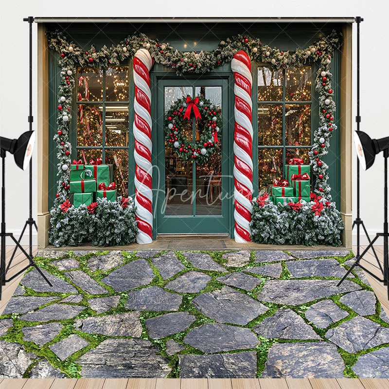 Aperturee - Aperturee Christmas Candy Cane Storefront Combo Set Backdrop Winter Holiday Shop Window Stone Floor Photography Prop