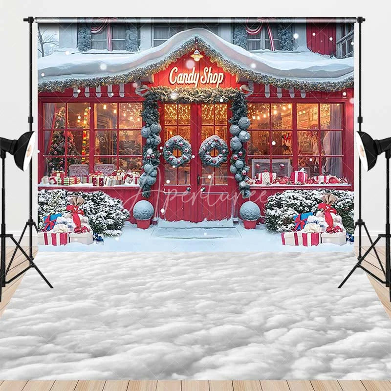 Aperturee - Aperturee Christmas Candy Shop Combo Set Backdrop Holiday Storefront with Snow Floor Winter Wonderland Photo Booth
