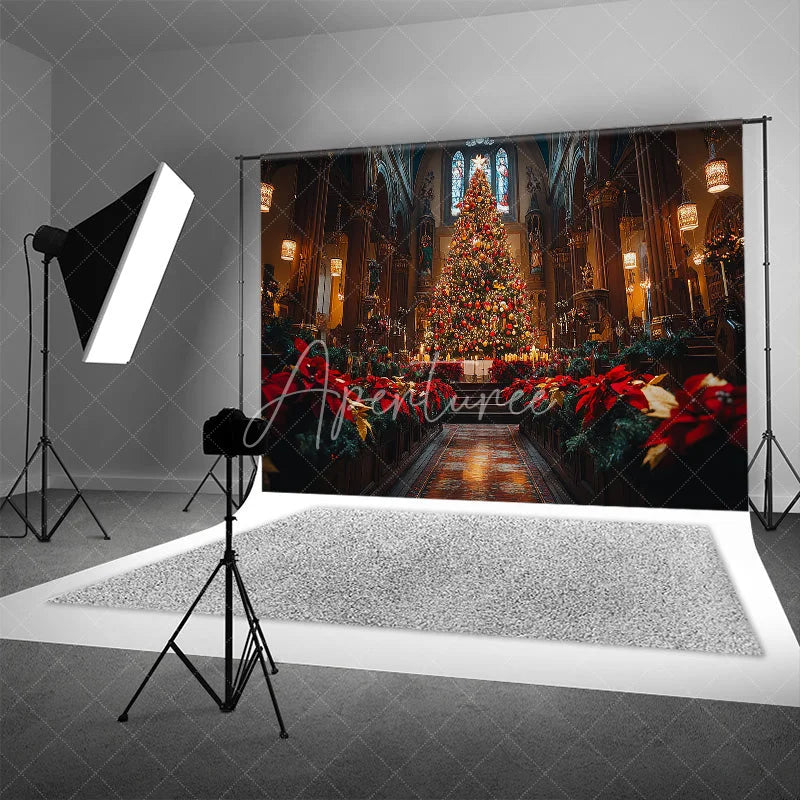 Aperturee - Aperturee Christmas Church Backdrop Grand Altar Tree Poinsettia Photography Background Religious Cathedral Holiday Party
