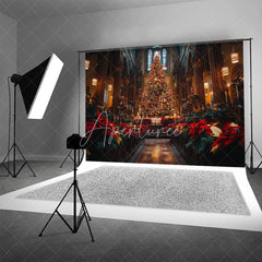 Aperturee - Aperturee Christmas Church Backdrop Grand Altar Tree Poinsettia Photography Background Religious Cathedral Holiday Party