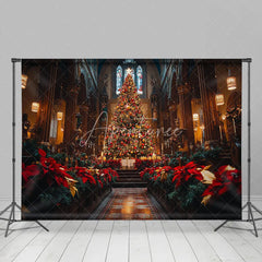 Aperturee - Aperturee Christmas Church Backdrop Grand Altar Tree Poinsettia Photography Background Religious Cathedral Holiday Party
