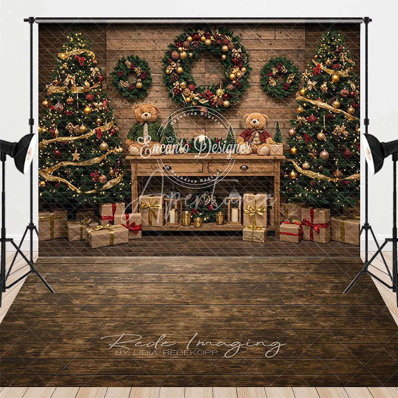 Aperturee - Aperturee Christmas Combo Set Backdrop Rustic Wood Wall and Floor Xmas Tree Wreath Holiday Photo Booth Props