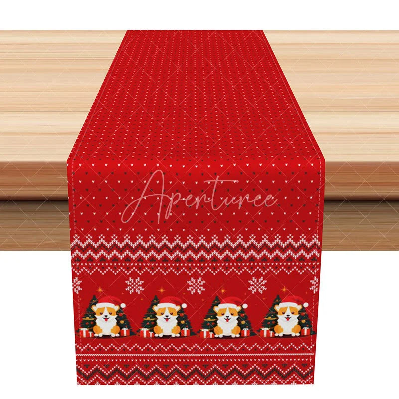Aperturee - Aperturee Christmas Corgi Fair Isle Table Runner ’Ugly Sweater’ Style with Santa Hat Red Holiday Decor