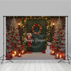 Aperturee - Aperturee Christmas Door Photography Backdrop with Nutcracker and Snowman Green Door Holiday Mini Session Background
