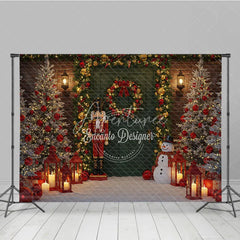 Aperturee - Aperturee Christmas Door Photography Backdrop with Nutcracker and Snowman Green Door Holiday Mini Session Background