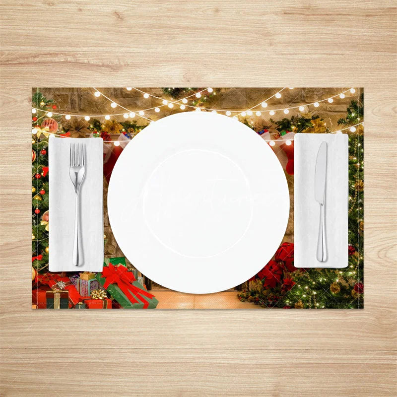 Aperturee - Aperturee Christmas Fireplace Set of 4 Placemats Cozy Xmas Tree with Stockings String Lights Holiday Table Mats