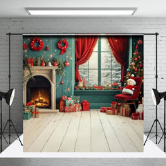 Aperturee Aperturee Christmas Fireplace Sweep Photo Backdrop Cozy Room with Snowman and Gifts Teal and Red Holiday Studio Prop