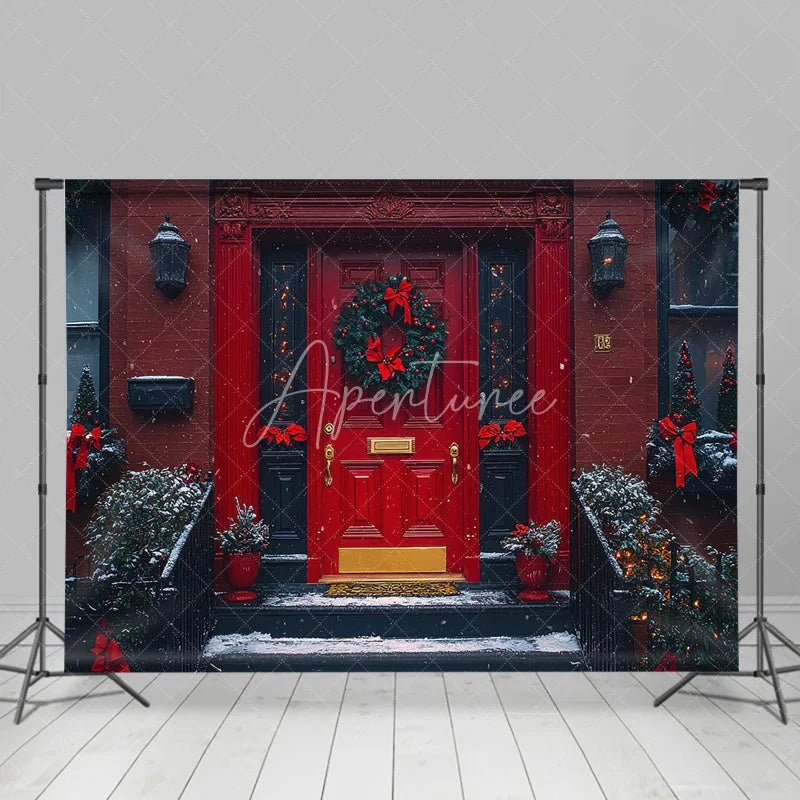 Aperturee - Aperturee Christmas Front Door Backdrop Red Brick House Wreath Photography Background Winter Snow Entryway Holiday Party
