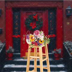 Aperturee - Aperturee Christmas Front Door Backdrop Red Brick House Wreath Photography Background Winter Snow Entryway Holiday Party