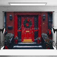 Aperturee - Aperturee Christmas Front Door Backdrop Red Brick House Wreath Photography Background Winter Snow Entryway Holiday Party