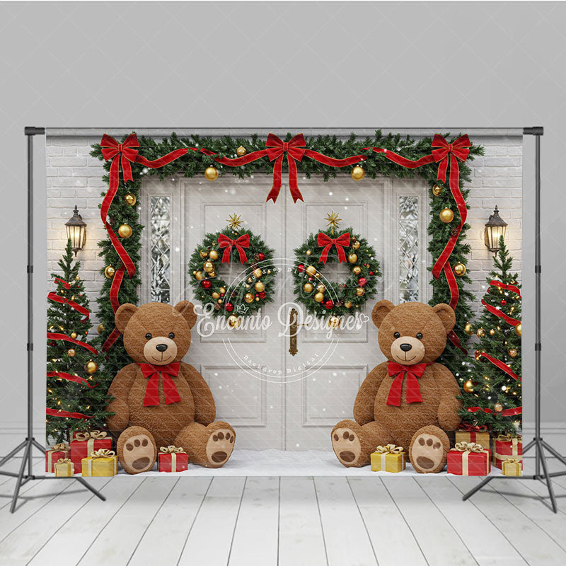 Aperturee - Aperturee Christmas Front Door Photography Backdrop Teddy Bears in the Snow with Garland Holiday Photo Background
