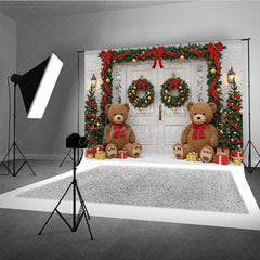 Aperturee - Aperturee Christmas Front Door Photography Backdrop Teddy Bears in the Snow with Garland Holiday Photo Background