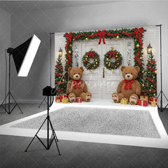 Aperturee - Aperturee Christmas Front Door Photography Backdrop Teddy Bears in the Snow with Garland Holiday Photo Background