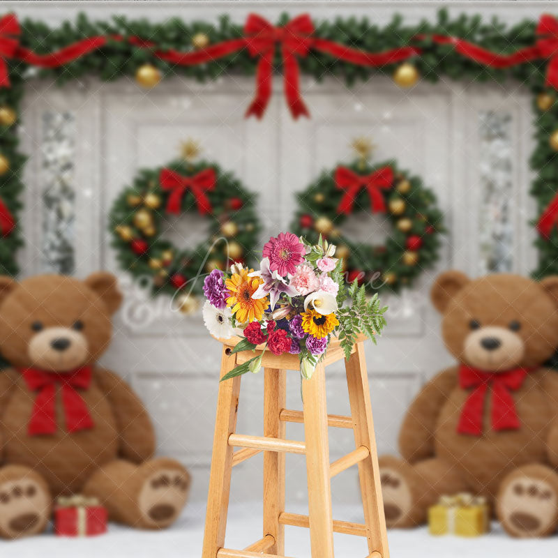 Aperturee - Aperturee Christmas Front Door Photography Backdrop Teddy Bears in the Snow with Garland Holiday Photo Background