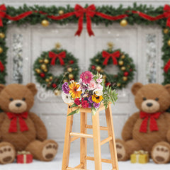 Aperturee - Aperturee Christmas Front Door Photography Backdrop Teddy Bears in the Snow with Garland Holiday Photo Background