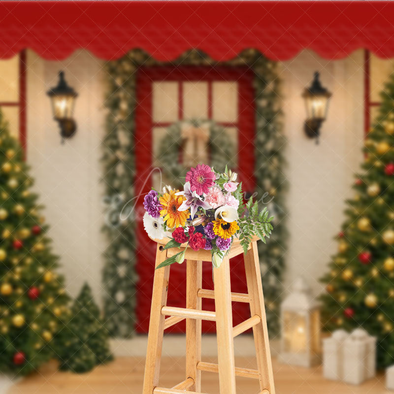Aperturee - Aperturee Christmas Front Porch Photography Backdrop Red Door with Garland and Trees Welcoming Holiday Photo Background