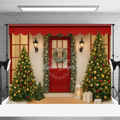 Aperturee - Aperturee Christmas Front Porch Photography Backdrop Red Door with Garland and Trees Welcoming Holiday Photo Background
